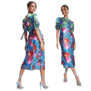 Hope & Ivy tie back satin midi dress in contrast mixed Floral print Us 6